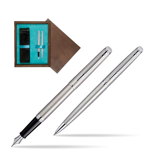 Zestaw prezentowy pióro wieczne + długopis Waterman Hémisphère Stalowa CT w pudełku drewnianym Wenge Double Turkus