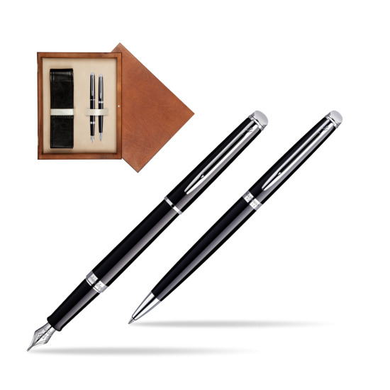Zestaw prezentowy pióro wieczne + długopis Waterman Hémisphère Czerń CT w pudełku drewnianym Mahoń Double Ecru