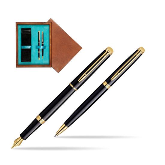 Zestaw prezentowy pióro wieczne + długopis Waterman Hémisphère Czerń GT w pudełku drewnianym Mahoń Double Turkus