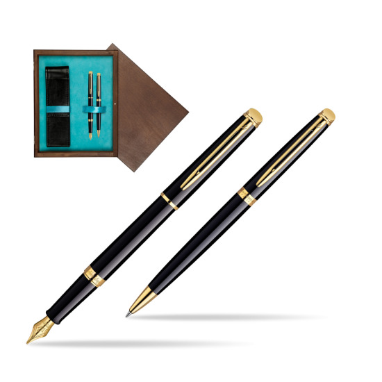 Zestaw prezentowy pióro wieczne + długopis Waterman Hémisphère Czerń GT w pudełku drewnianym Wenge Double Turkus