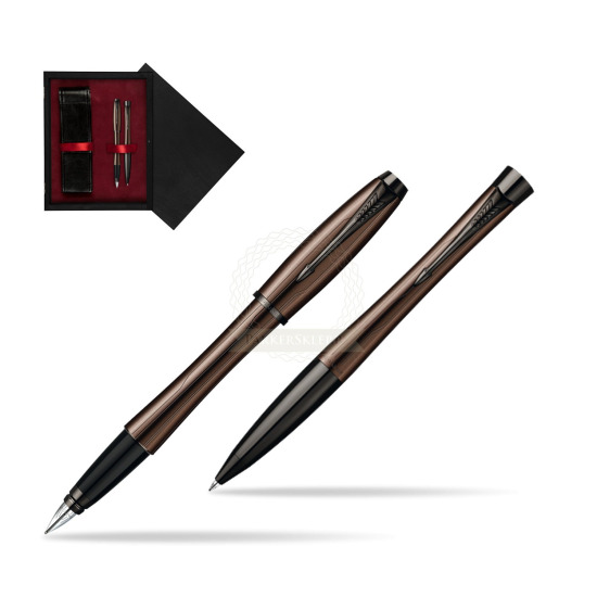 Zestaw prezentowy Parker pióro + długopis Urban Premium Brązowy w pudełku drewnianym Czerń Double Bordo