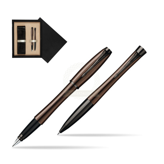 Zestaw prezentowy Parker pióro + długopis Urban Premium Brązowy w pudełku drewnianym Czerń Double Ecru