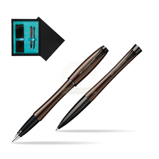 Zestaw prezentowy Parker pióro + długopis Urban Premium Brązowy w pudełku drewnianym Czerń Double Turkus
