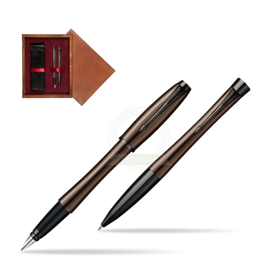 Zestaw prezentowy Parker pióro + długopis Urban Premium Brązowy w pudełku drewnianym Mahoń Double Bordo
