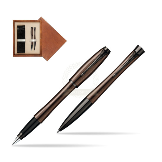 Zestaw prezentowy Parker pióro + długopis Urban Premium Brązowy w pudełku drewnianym Mahoń Double Ecru