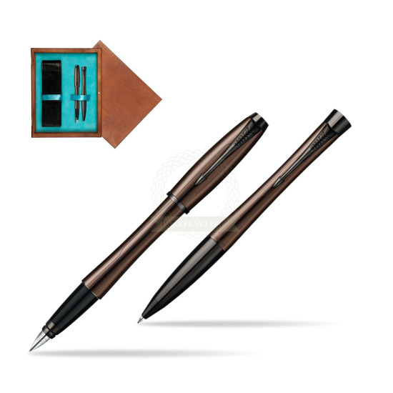 Zestaw prezentowy Parker pióro + długopis Urban Premium Brązowy w pudełku drewnianym Mahoń Double Turkus