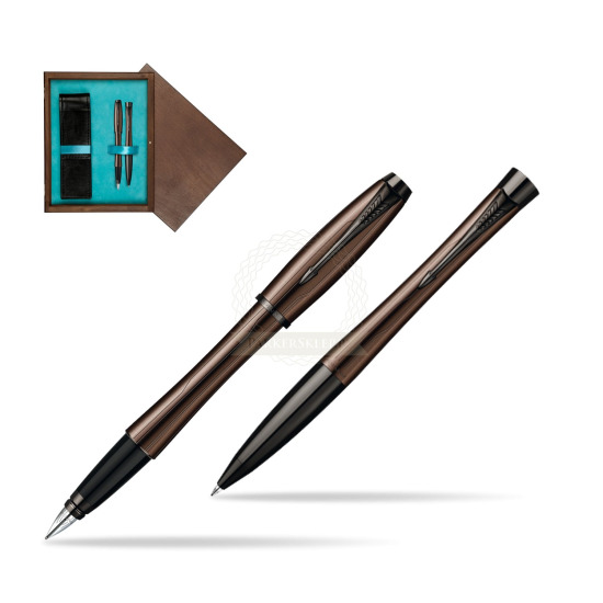 Zestaw prezentowy Parker pióro + długopis Urban Premium Brązowy w pudełku drewnianym Wenge Double Turkus