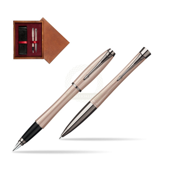Zestaw prezentowy Parker pióro + długopis Urban Premium Różowy w pudełku drewnianym Mahoń Double Bordo