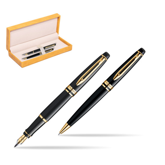 Zestaw prezentowy pióro wieczne + długopis Waterman Expert Czarny GT w żółtym pudełku zamszowym