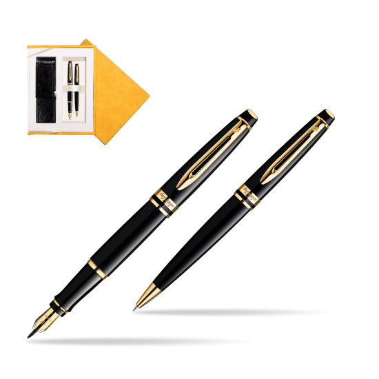 Zestaw prezentowy pióro wieczne + długopis Waterman Expert Czarny GT w żółtym pudełku zamszowym