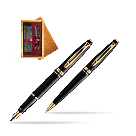 Zestaw prezentowy pióro wieczne + długopis Waterman Expert Czarny GT w pudełku drewnianym Honey Double Bordo