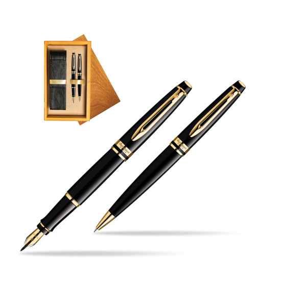 Zestaw prezentowy pióro wieczne + długopis Waterman Expert Czarny GT w pudełku drewnianym Honey Double Ecru