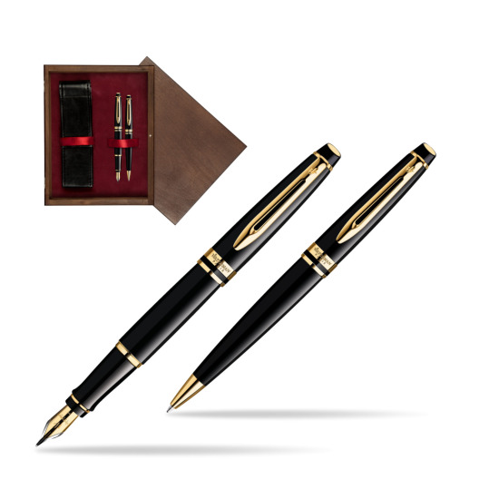 Zestaw prezentowy pióro wieczne + długopis Waterman Expert Czarny GT w pudełku drewnianym Wenge Double Bordo