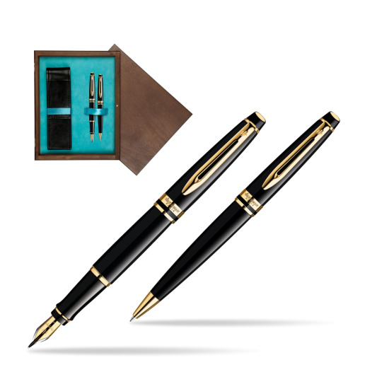 Zestaw prezentowy pióro wieczne + długopis Waterman Expert Czarny GT w pudełku drewnianym Wenge Double Turkus