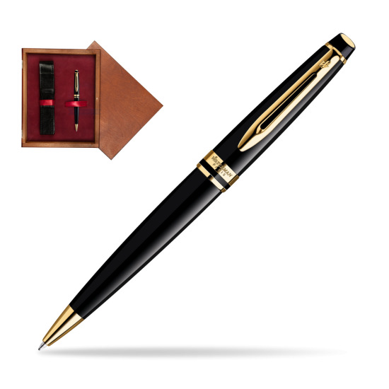 Długopis Waterman Expert Czarny GT w pudełku drewnianym Mahoń Single Bordo