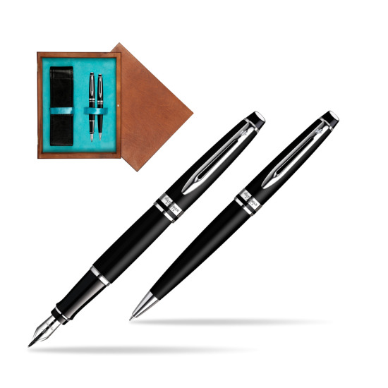 Zestaw prezentowy pióro wieczne + długopis Waterman Expert Czarny mat CT w pudełku drewnianym Mahoń Double Turkus
