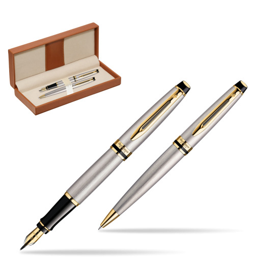 Zestaw prezentowy pióro wieczne + długopis Waterman Expert Stalowy GT w pudełku classic brown