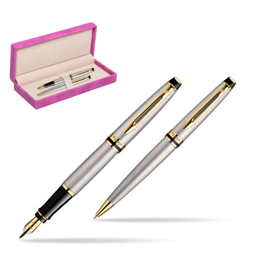 Zestaw prezentowy pióro wieczne + długopis Waterman Expert Stalowy GT w pudełku zamszowym fuksja