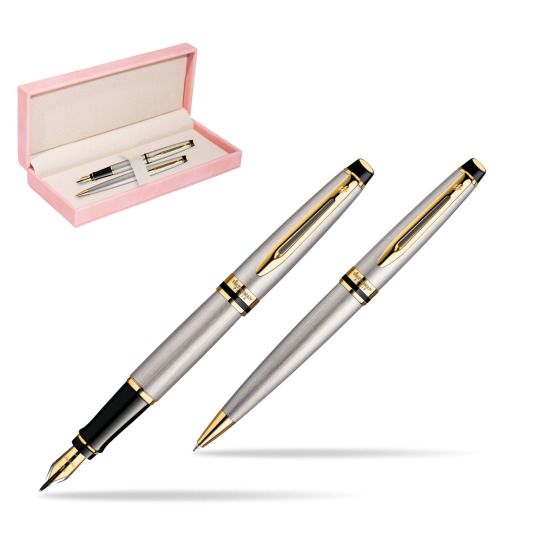Zestaw prezentowy pióro wieczne + długopis Waterman Expert Stalowy GT w różowym pudełku zamszowym