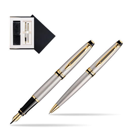 Zestaw prezentowy pióro wieczne + długopis Waterman Expert Stalowy GT w czarnym pudełku zamszowym