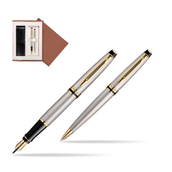 Zestaw prezentowy pióro wieczne + długopis Waterman Expert Stalowy GT w brązowym pudełku zamszowym