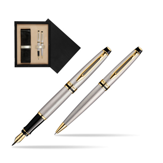 Zestaw prezentowy pióro wieczne + długopis Waterman Expert Stalowy GT w pudełku drewnianym Czerń Double Ecru