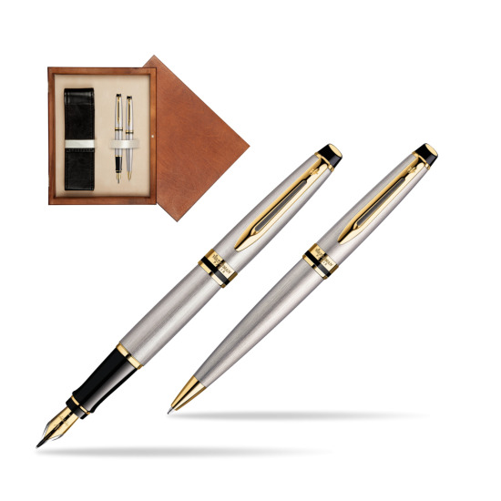 Zestaw prezentowy pióro wieczne + długopis Waterman Expert Stalowy GT w pudełku drewnianym Mahoń Double Ecru