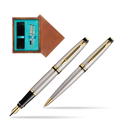 Zestaw prezentowy pióro wieczne + długopis Waterman Expert Stalowy GT w pudełku drewnianym Mahoń Double Turkus