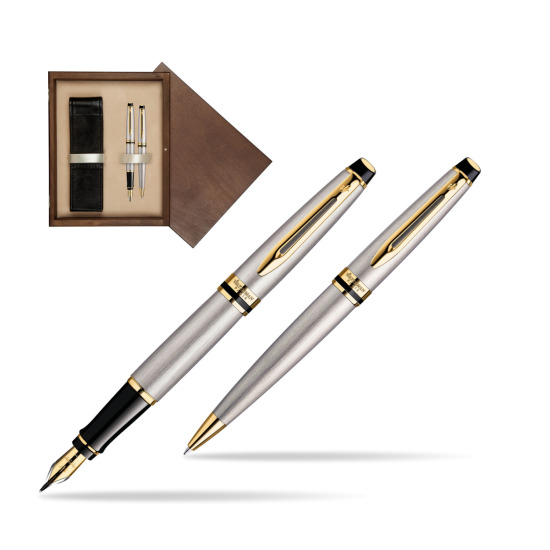 Zestaw prezentowy pióro wieczne + długopis Waterman Expert Stalowy GT w pudełku drewnianym Wenge Double Ecru