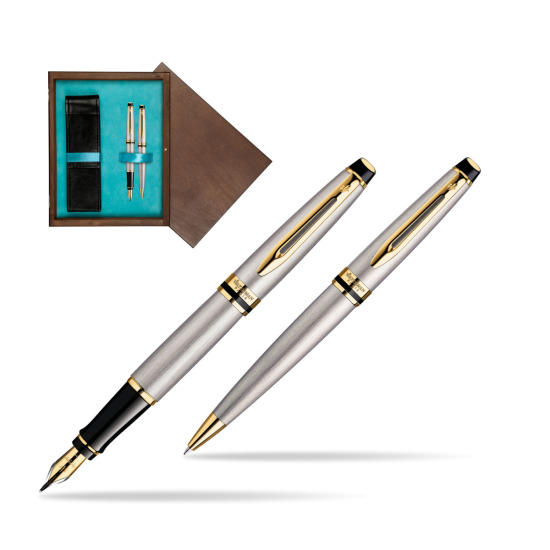 Zestaw prezentowy pióro wieczne + długopis Waterman Expert Stalowy GT w pudełku drewnianym Wenge Double Turkus