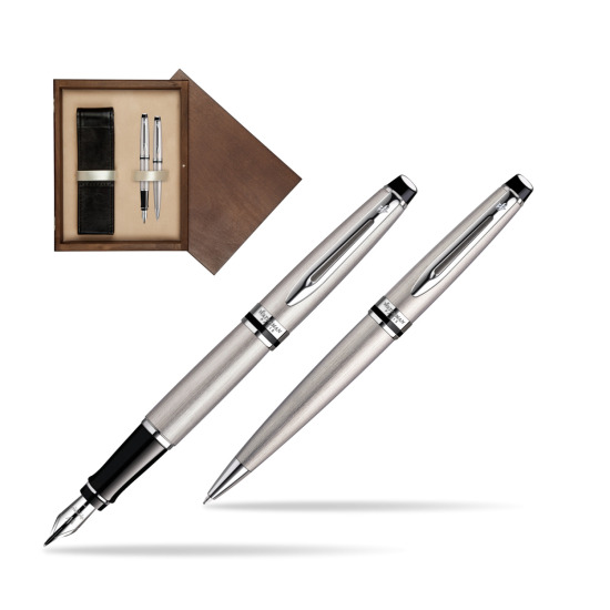 Zestaw prezentowy pióro wieczne + długopis Waterman Expert Stalowy CT w pudełku drewnianym Wenge Double Ecru
