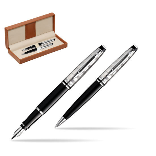 Zestaw prezentowy pióro wieczne + długopis Waterman Expert Deluxe Czarny CT w pudełku classic brown