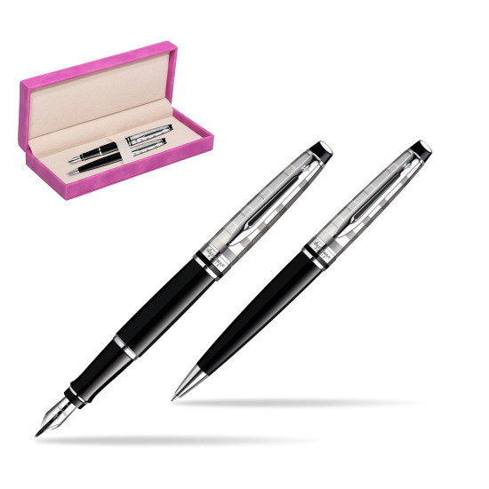 Zestaw prezentowy pióro wieczne + długopis Waterman Expert Deluxe Czarny CT w pudełku zamszowym fuksja