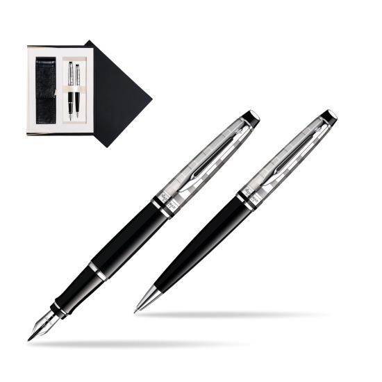 Zestaw prezentowy pióro wieczne + długopis Waterman Expert Deluxe Czarny CT w czarnym pudełku zamszowym