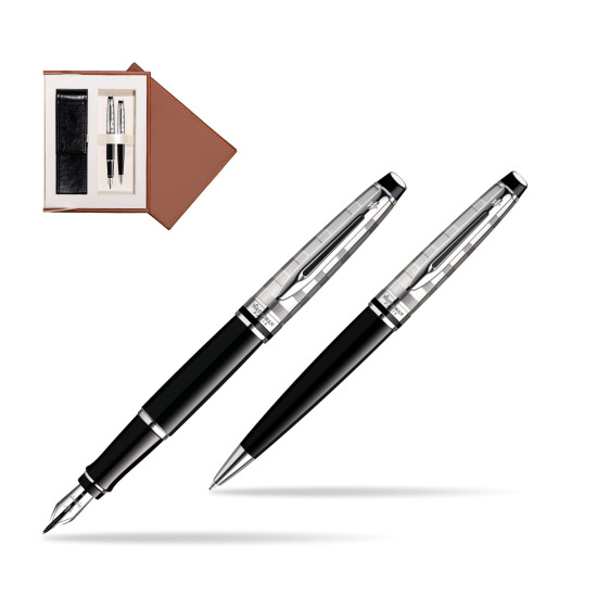Zestaw prezentowy pióro wieczne + długopis Waterman Expert Deluxe Czarny CT w brązowym pudełku zamszowym