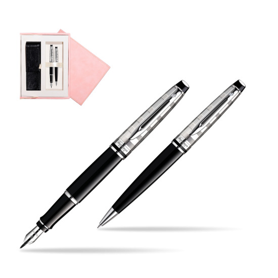 Zestaw prezentowy pióro wieczne + długopis Waterman Expert Deluxe Czarny CT w różowym pudełku zamszowym