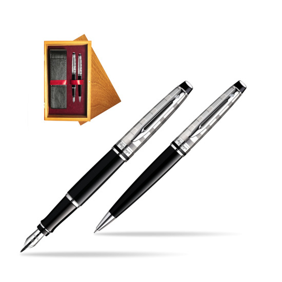 Zestaw prezentowy pióro wieczne + długopis Waterman Expert Deluxe Czarny CT w pudełku drewnianym Honey Double Bordo