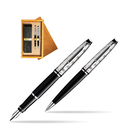 Zestaw prezentowy pióro wieczne + długopis Waterman Expert Deluxe Czarny CT w pudełku drewnianym Honey Double Ecru