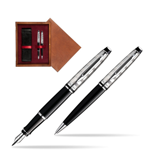 Zestaw prezentowy pióro wieczne + długopis Waterman Expert Deluxe Czarny CT w pudełku drewnianym Mahoń Double Bordo