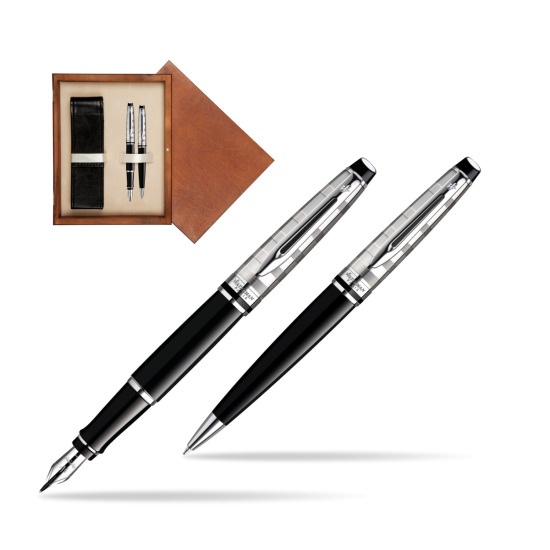 Zestaw prezentowy pióro wieczne + długopis Waterman Expert Deluxe Czarny CT w pudełku drewnianym Mahoń Double Ecru