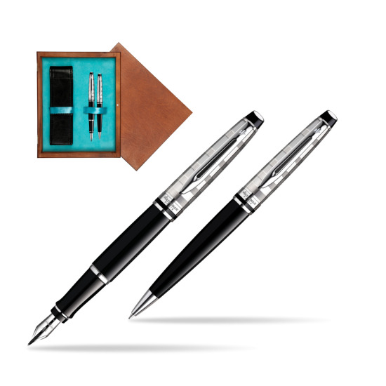 Zestaw prezentowy pióro wieczne + długopis Waterman Expert Deluxe Czarny CT w pudełku drewnianym Mahoń Double Turkus