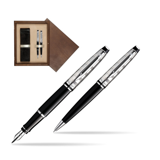Zestaw prezentowy pióro wieczne + długopis Waterman Expert Deluxe Czarny CT w pudełku drewnianym Wenge Double Ecru