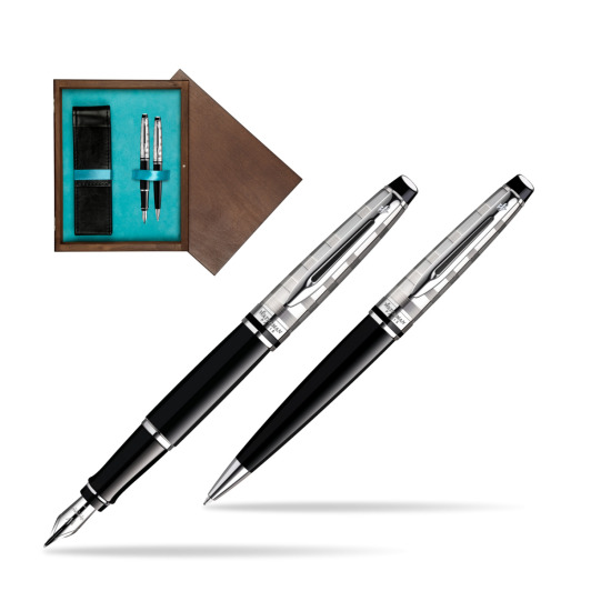 Zestaw prezentowy pióro wieczne + długopis Waterman Expert Deluxe Czarny CT w pudełku drewnianym Wenge Double Turkus